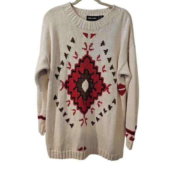 Paul Harris Vintage Ramie Cotton Sweater L Southwest Aztec Knit 80s 90s Oversize - Picture 1 of 6